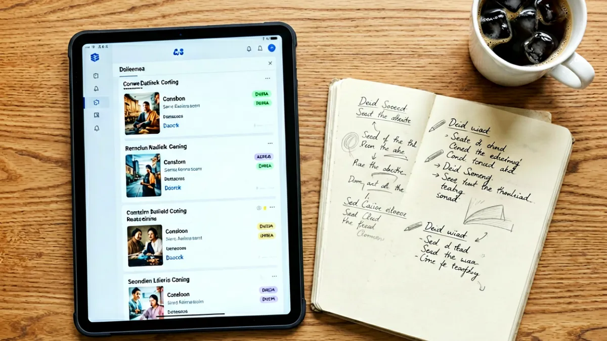 编辑桌面上摆放着平板电脑和纸质笔记，屏幕上显示着作品详情页的审核界面与标签列表，旁边有一杯冷掉的咖啡