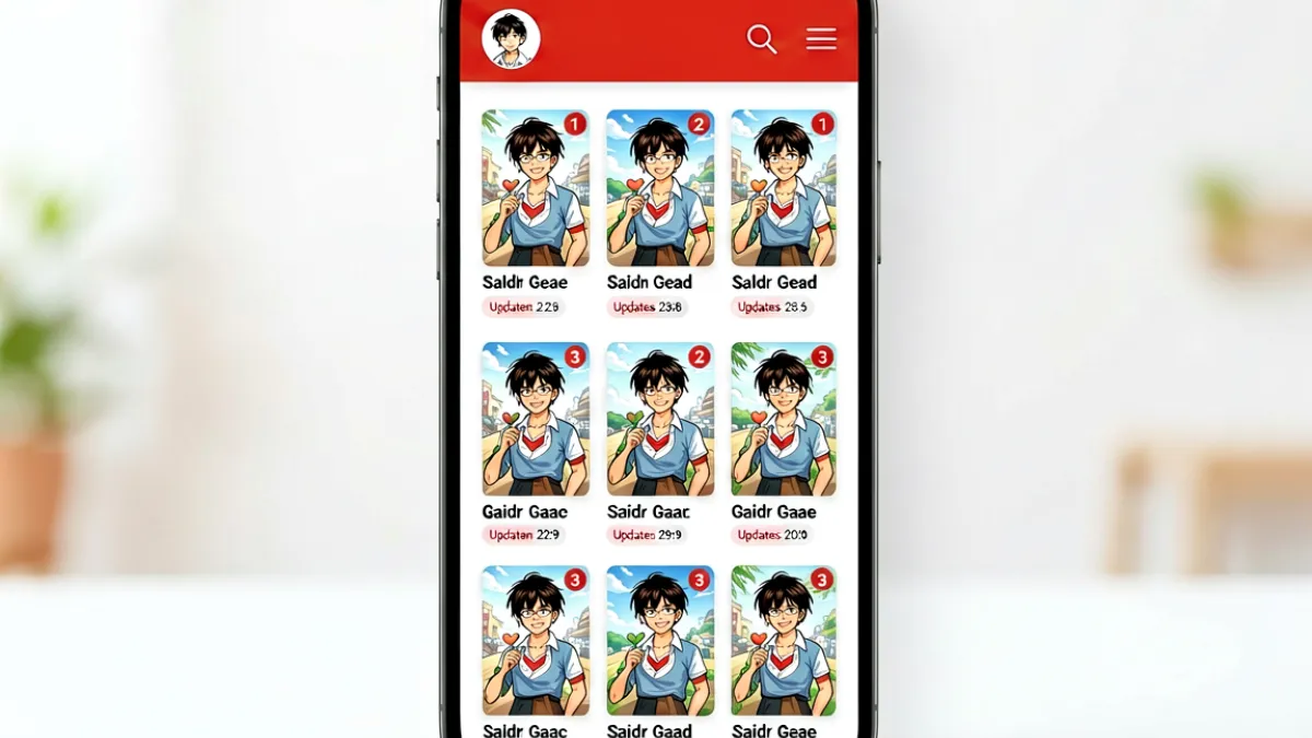 手机屏幕显示禁漫娘应用界面，红色主题醒目，页面中部展示漫画作品列表缩略图，顶部导航栏清晰可见登录按钮与搜索入口