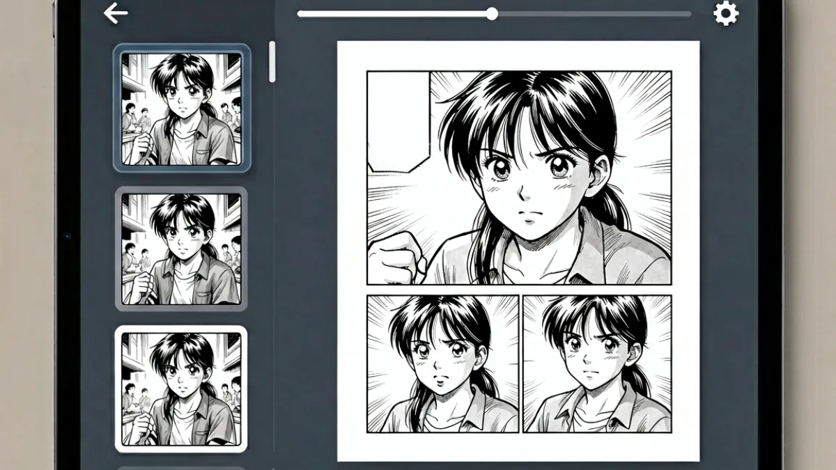 平板电脑横屏展示禁漫娘漫画阅读器界面，页面分为左右两个阅读面板，左侧为章节列表缩略图，右侧为主阅读区，顶部有进度条和返回按钮，整体采用深色背景突出漫画内容
