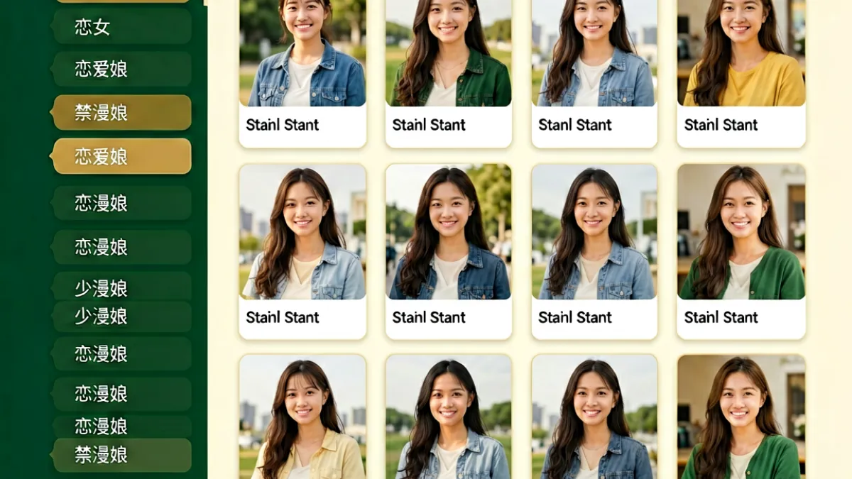 禁漫娘分类浏览页面截图：左侧为垂直排列的类型标签导航栏，右侧展示网格布局的作品卡片封面列表