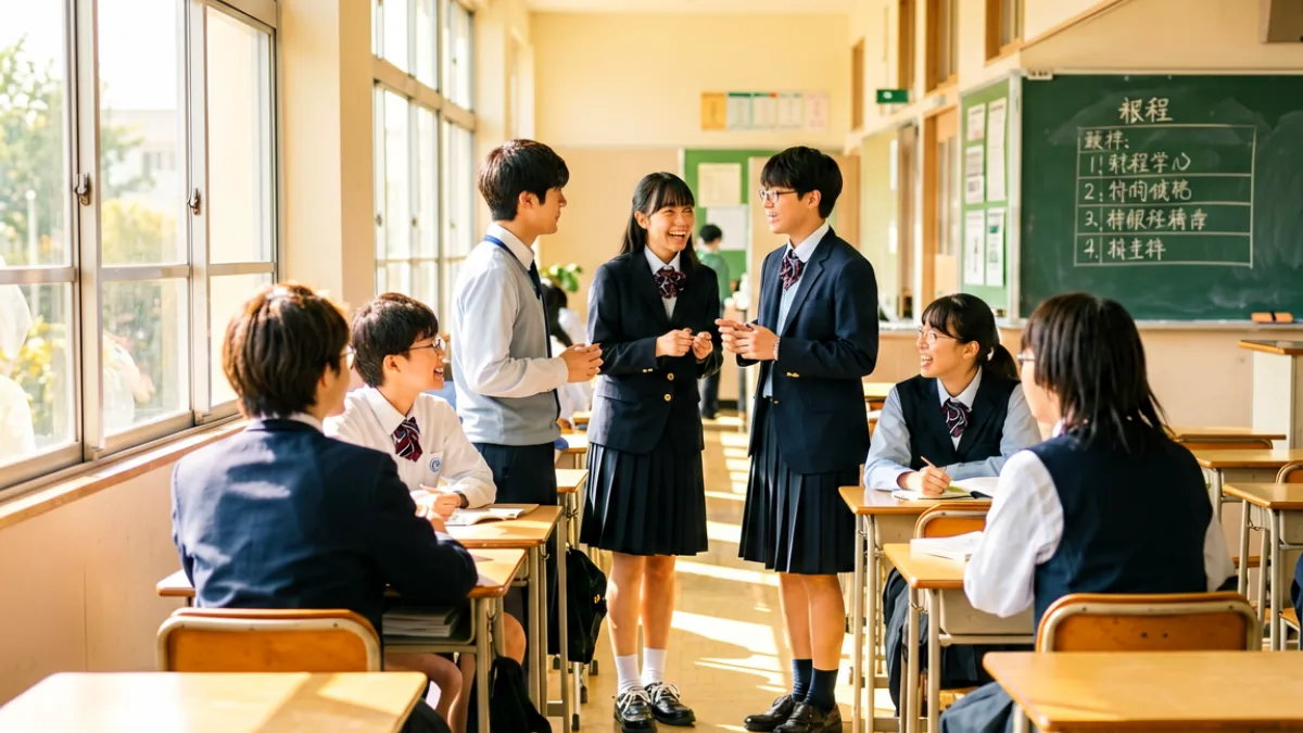 阳光校园走廊场景，穿着校服的少男少女在课桌旁互动，背景是黑板和窗户透进的午后光线